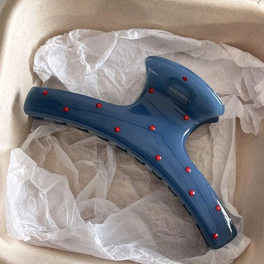 2-teiliges Vintage Haarclip-Set – Blau Polka Dots & Rote Schleife | Koreanische Haarspangen für Damen