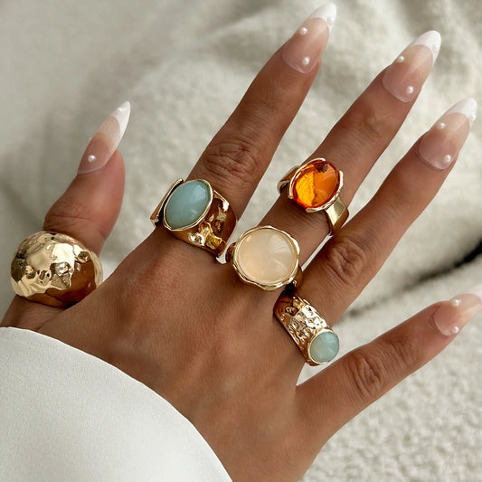 Vintage Boho Ring-Set (5-teilig) – Offene Metallringe mit Acryl