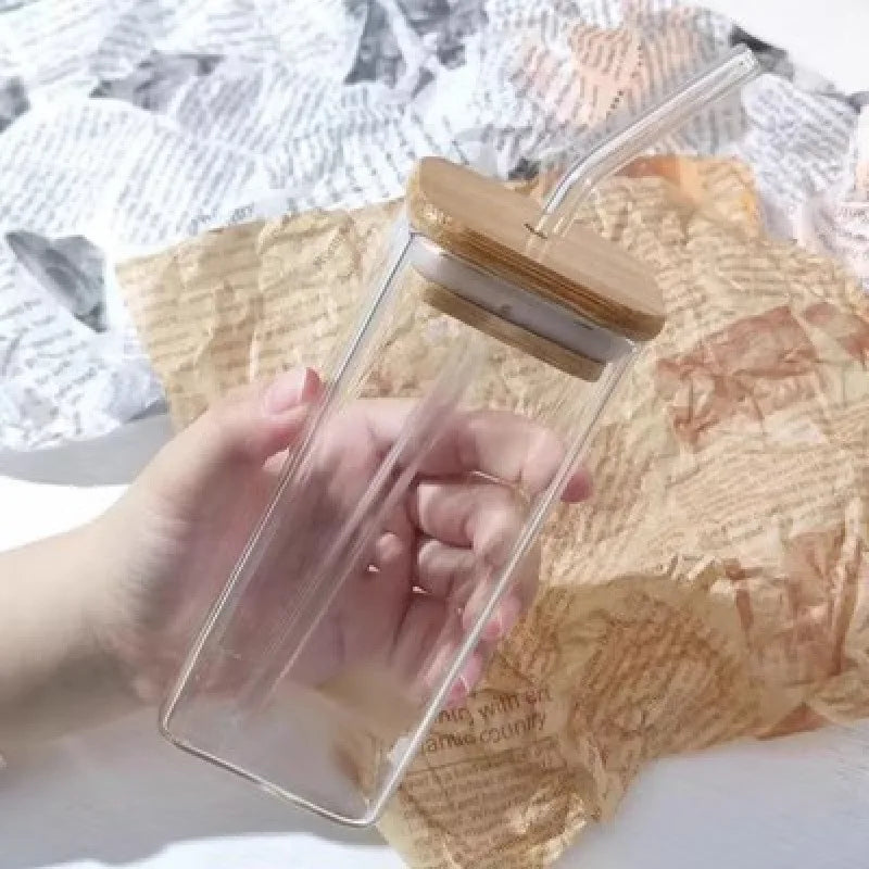 Quadratische Glas-Kaffeetasse | Mit Deckel & Strohhalm für Kaffee, Milch, Saft & Cocktails