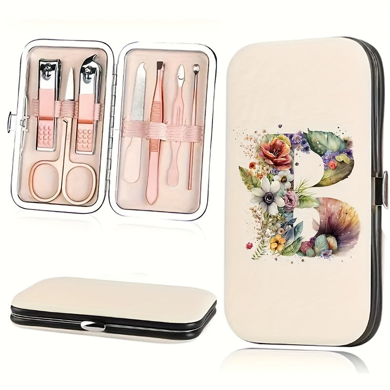 7-teiliges Floral Letter Nail Art Kit mit Aufbewahrungsbox – Tragbares Maniküre & Pediküre Set für unterwegs, inklusive Nagelknipser, Feile & Zubehör
