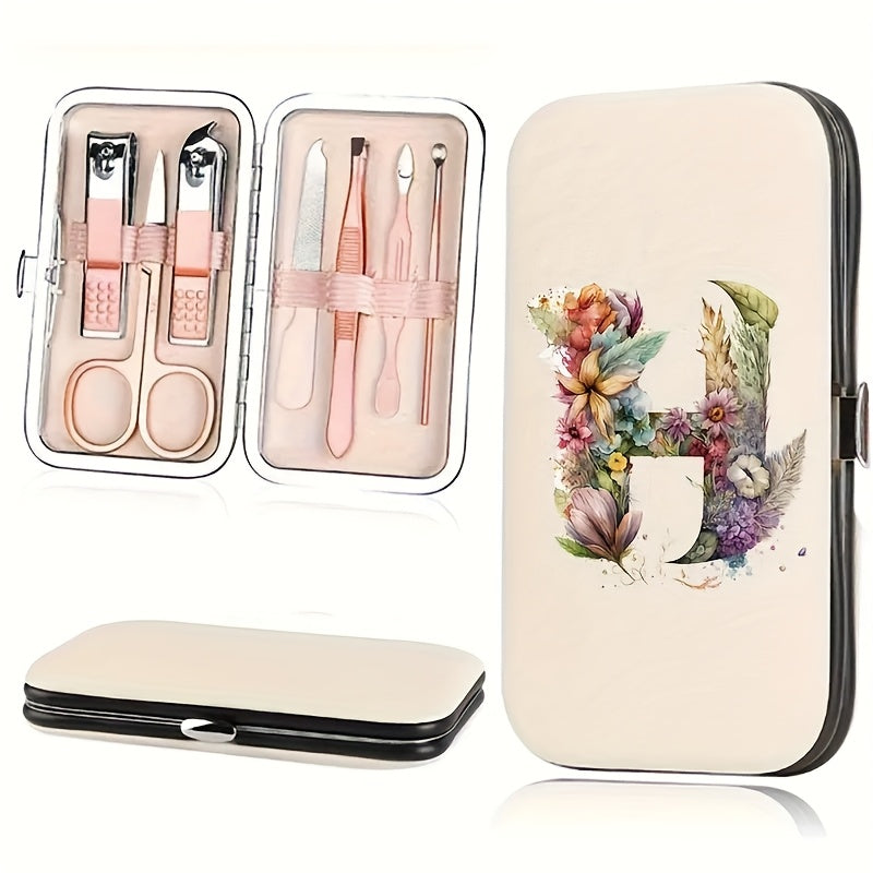 7-teiliges Floral Letter Nail Art Kit mit Aufbewahrungsbox – Tragbares Maniküre & Pediküre Set für unterwegs, inklusive Nagelknipser, Feile & Zubehör