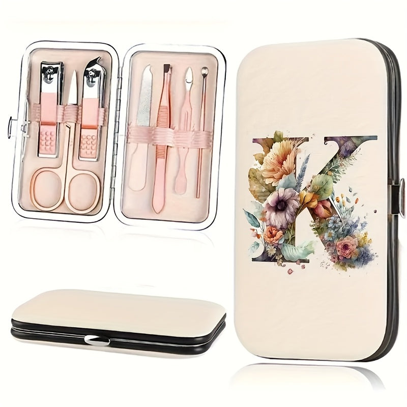 7-teiliges Floral Letter Nail Art Kit mit Aufbewahrungsbox – Tragbares Maniküre & Pediküre Set für unterwegs, inklusive Nagelknipser, Feile & Zubehör