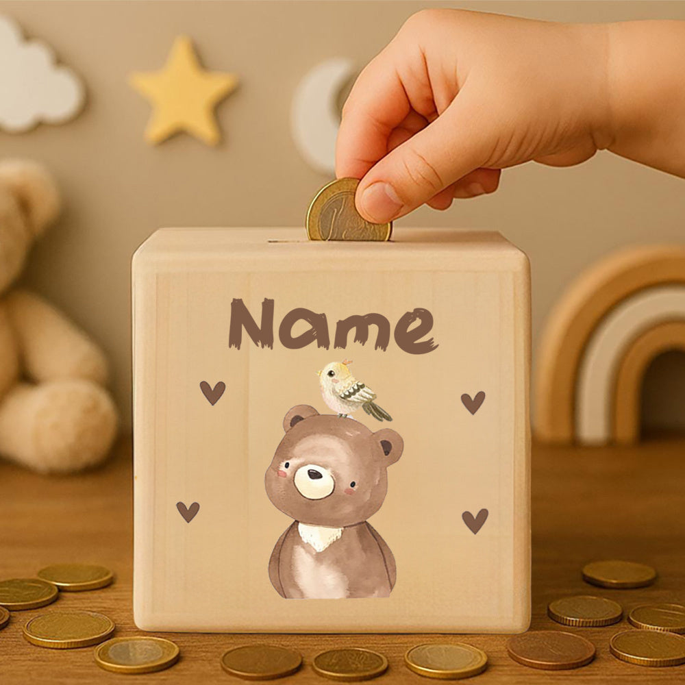 **Personalisierte Spardose aus Holz mit Namen – Klassische rechteckige Design-Sparbox aus Kiefernholz, Geschenk zur Taufe, Kommunion