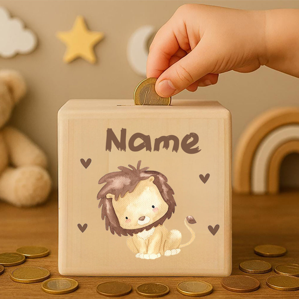 **Personalisierte Spardose aus Holz mit Namen – Klassische rechteckige Design-Sparbox aus Kiefernholz, Geschenk zur Taufe, Kommunion