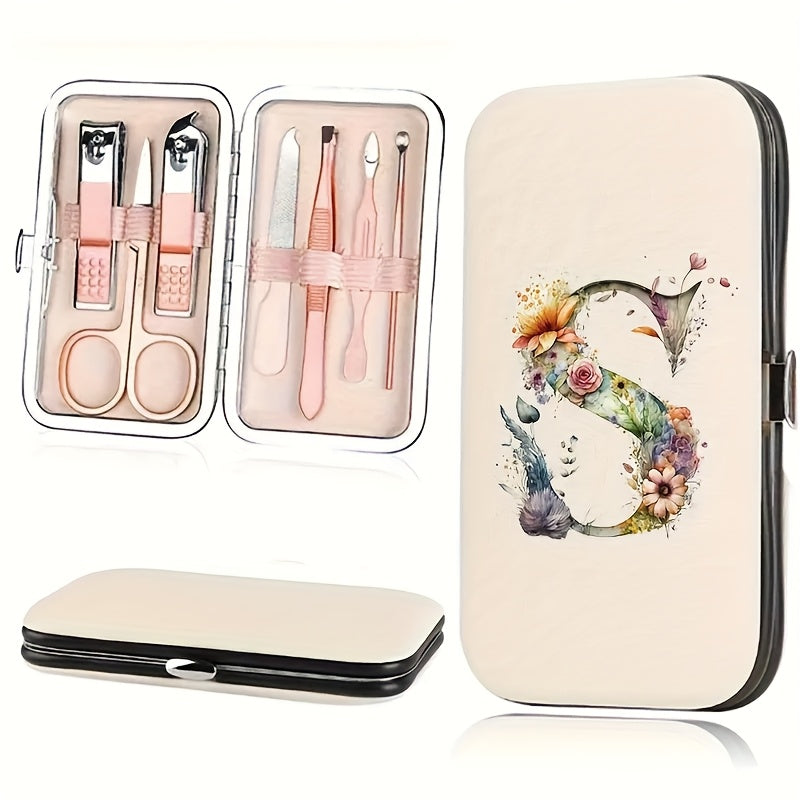 7-teiliges Floral Letter Nail Art Kit mit Aufbewahrungsbox – Tragbares Maniküre & Pediküre Set für unterwegs, inklusive Nagelknipser, Feile & Zubehör