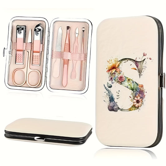 7-teiliges Floral Letter Nail Art Kit mit Aufbewahrungsbox – Tragbares Maniküre & Pediküre Set für unterwegs, inklusive Nagelknipser, Feile & Zubehör