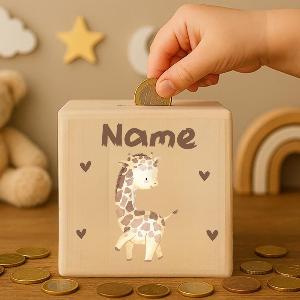 **Personalisierte Spardose aus Holz mit Namen – Klassische rechteckige Design-Sparbox aus Kiefernholz, Geschenk zur Taufe, Kommunion