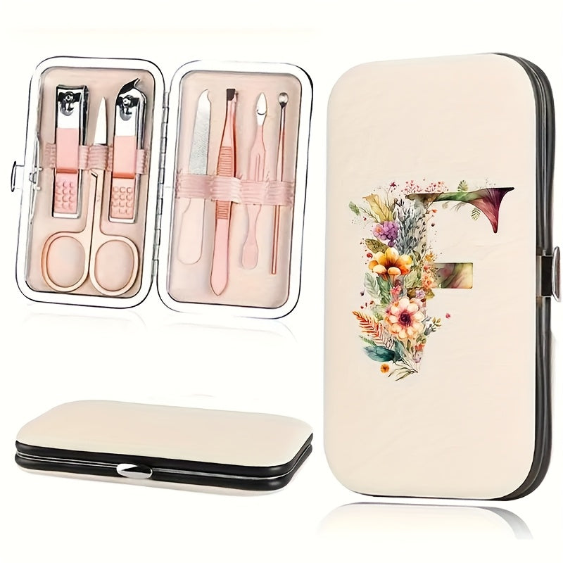7-teiliges Floral Letter Nail Art Kit mit Aufbewahrungsbox – Tragbares Maniküre & Pediküre Set für unterwegs, inklusive Nagelknipser, Feile & Zubehör