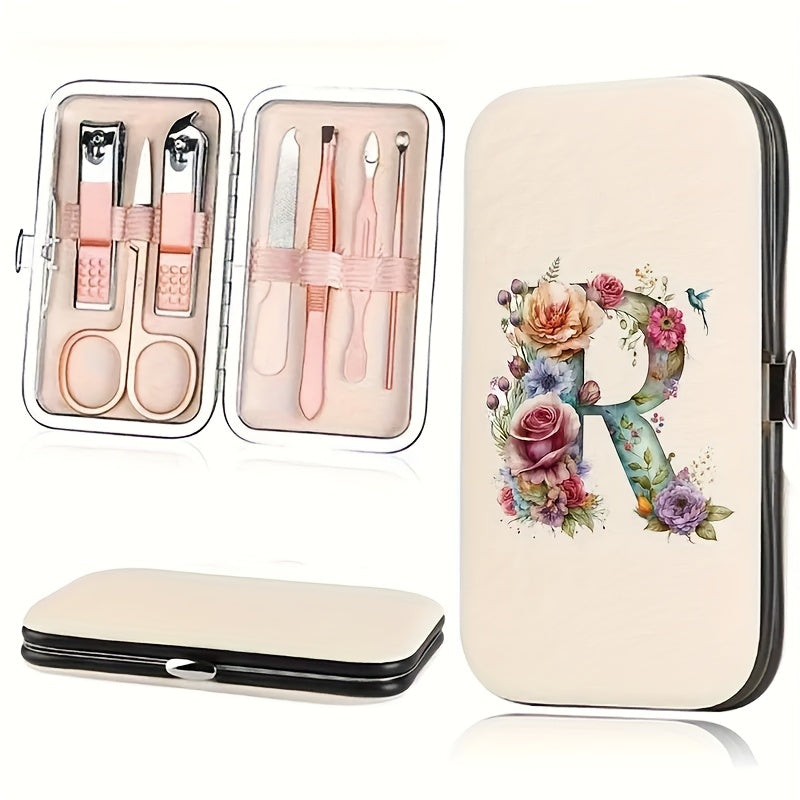 7-teiliges Floral Letter Nail Art Kit mit Aufbewahrungsbox – Tragbares Maniküre & Pediküre Set für unterwegs, inklusive Nagelknipser, Feile & Zubehör
