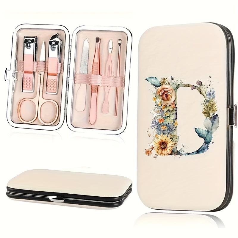7-teiliges Floral Letter Nail Art Kit mit Aufbewahrungsbox – Tragbares Maniküre & Pediküre Set für unterwegs, inklusive Nagelknipser, Feile & Zubehör
