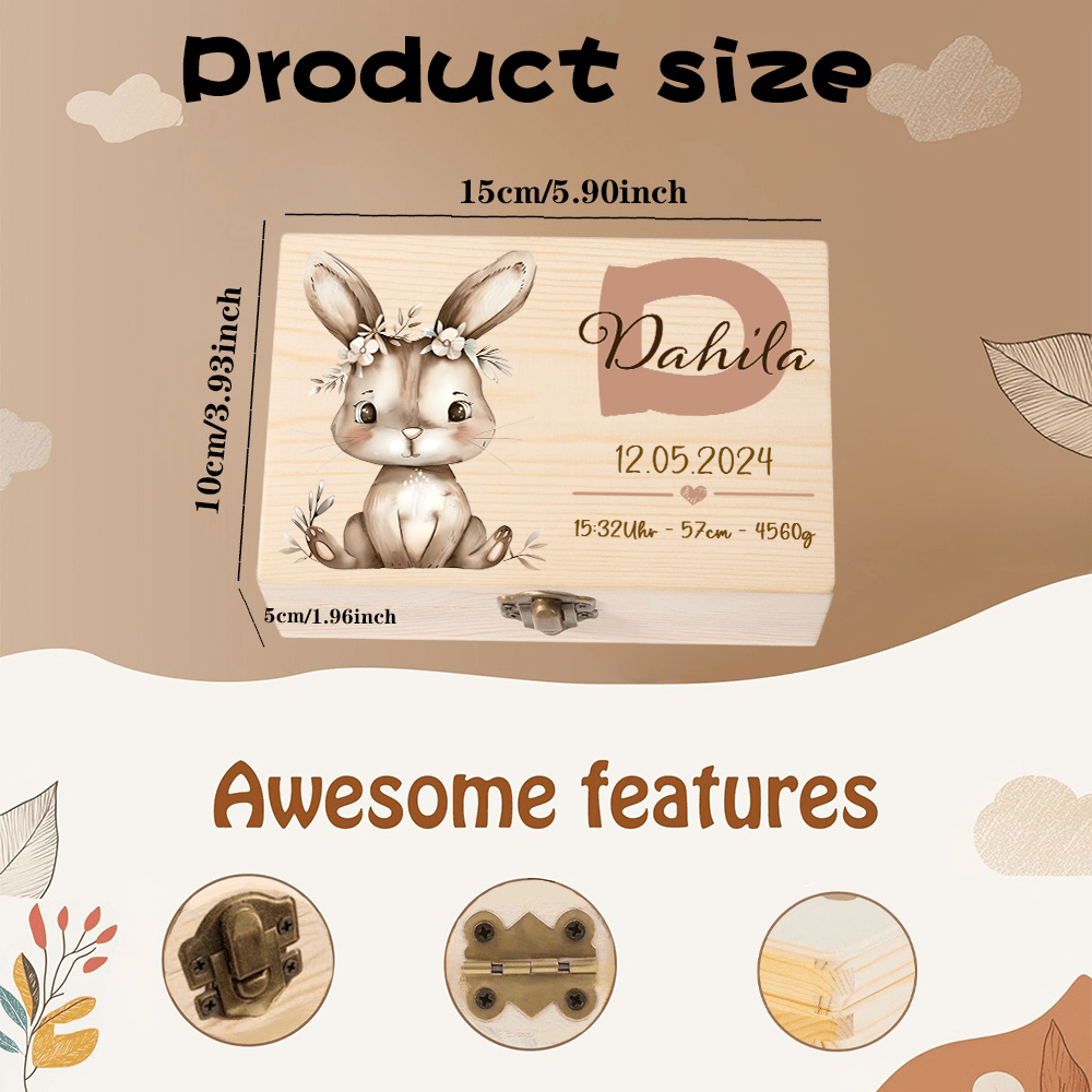 Personalisierte Erinnerungsbox aus Buchenholz – Mit Name & Geburtsdaten graviert, Aufbewahrungsbox mit Häschen-Motiv, Geschenk zur Geburt & Taufe