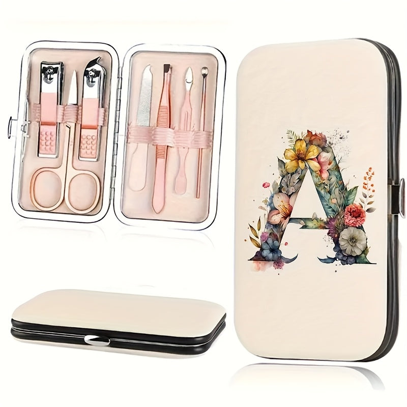 7-teiliges Floral Letter Nail Art Kit mit Aufbewahrungsbox – Tragbares Maniküre & Pediküre Set für unterwegs, inklusive Nagelknipser, Feile & Zubehör