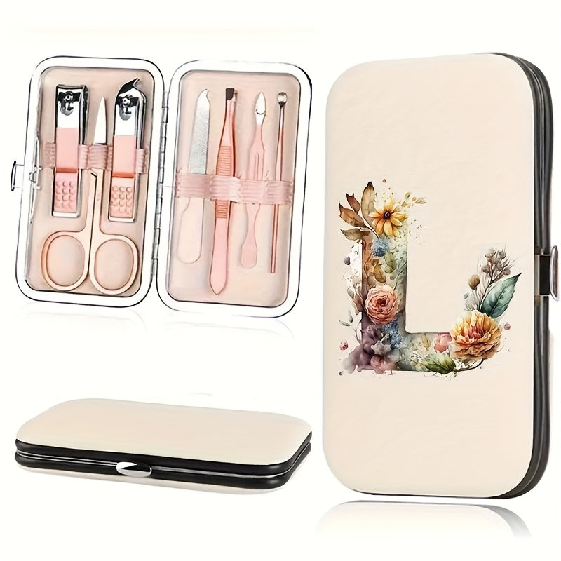 7-teiliges Floral Letter Nail Art Kit mit Aufbewahrungsbox – Tragbares Maniküre & Pediküre Set für unterwegs, inklusive Nagelknipser, Feile & Zubehör