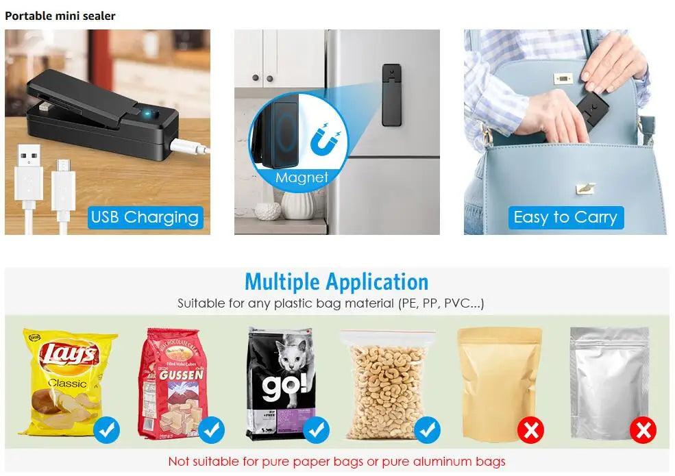 Mini-Beutelversiegelungsgerät, 2-in-1, wiederaufladbar, tragbar, Vakuum-Heißsiegelgerät und -schneider für Kunststoff-Snacks, PVC-Beutel, Picknick-Kampagne im Freien