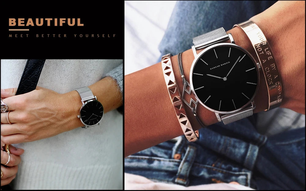 Hannah Martin Top Marke Luxus Uhren Frauen Edelstahl Mesh Gürtel Uhr Japan Quarzwerk Uhr Damen Armbanduhr