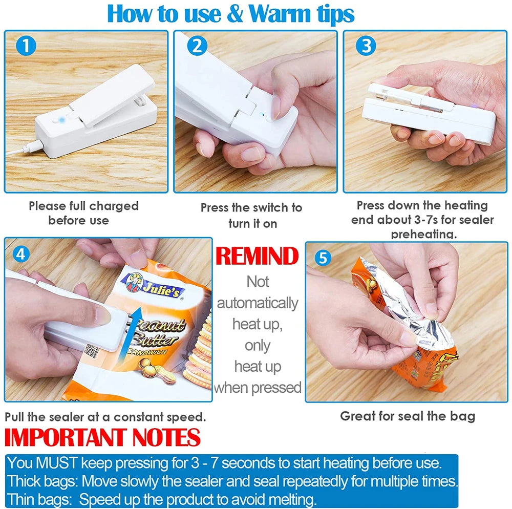 Mini-Beutelversiegelungsgerät, 2-in-1, wiederaufladbar, tragbar, Vakuum-Heißsiegelgerät und -schneider für Kunststoff-Snacks, PVC-Beutel, Picknick-Kampagne im Freien