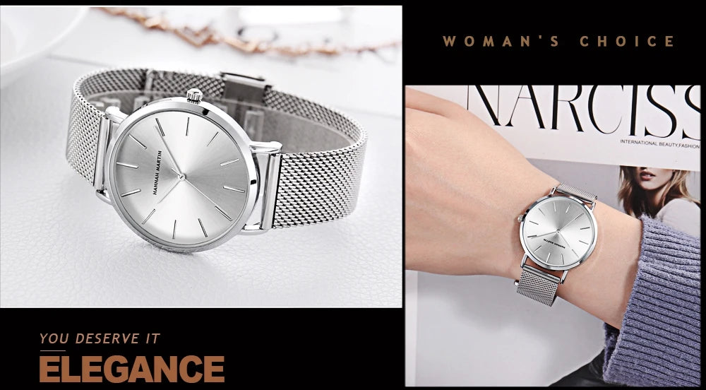 Hannah Martin Top Marke Luxus Uhren Frauen Edelstahl Mesh Gürtel Uhr Japan Quarzwerk Uhr Damen Armbanduhr