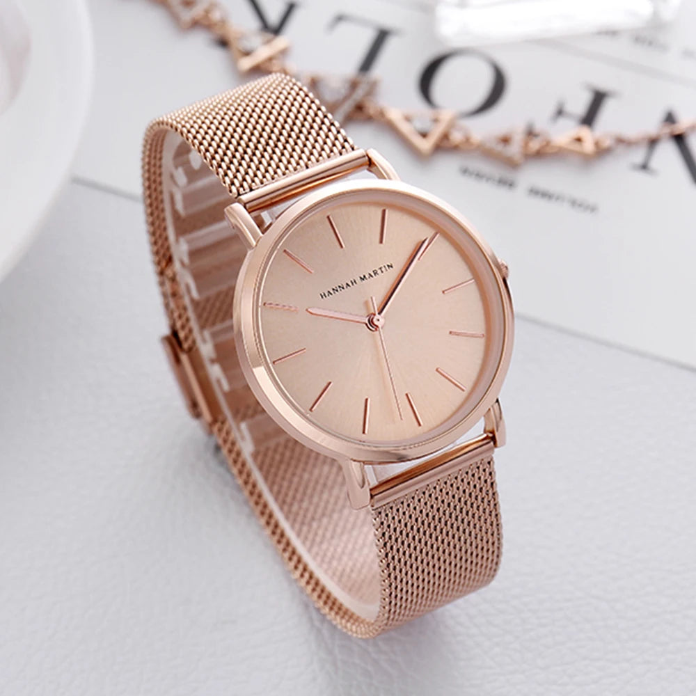 Hannah Martin Top Marke Luxus Uhren Frauen Edelstahl Mesh Gürtel Uhr Japan Quarzwerk Uhr Damen Armbanduhr