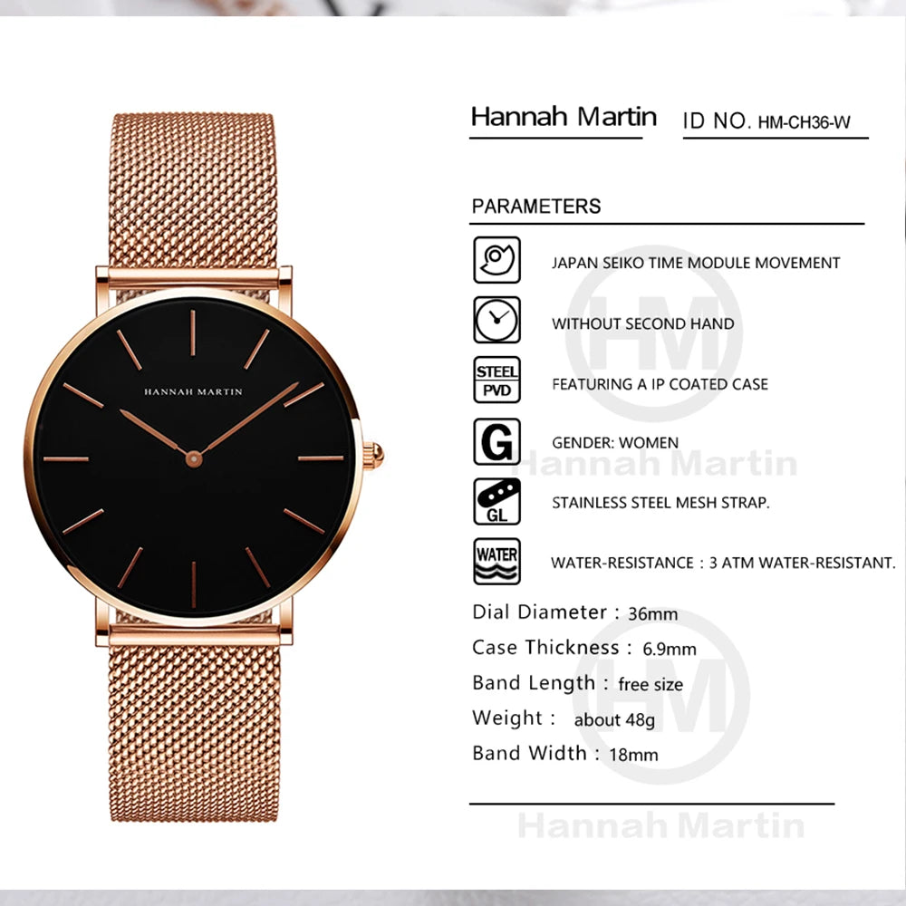 Hannah Martin Top Marke Luxus Uhren Frauen Edelstahl Mesh Gürtel Uhr Japan Quarzwerk Uhr Damen Armbanduhr