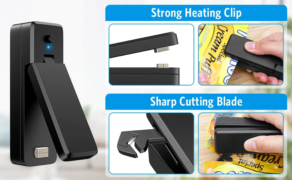 Mini-Beutelversiegelungsgerät, 2-in-1, wiederaufladbar, tragbar, Vakuum-Heißsiegelgerät und -schneider für Kunststoff-Snacks, PVC-Beutel, Picknick-Kampagne im Freien