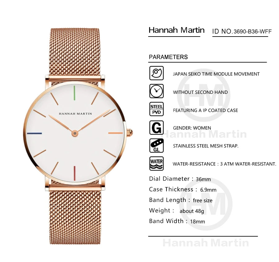 Hannah Martin Top Marke Luxus Uhren Frauen Edelstahl Mesh Gürtel Uhr Japan Quarzwerk Uhr Damen Armbanduhr