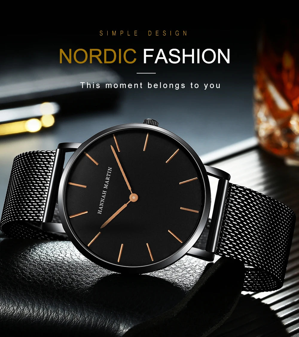 Hannah Martin Ultra Dünne Quarz Männer Uhr Edelstahl Mesh Uhren Männer Einfache Mode Business Japan Armbanduhr Uhr Männlich