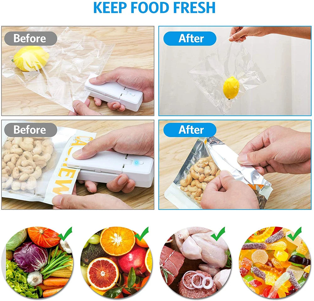 Mini-Beutelversiegelungsgerät, 2-in-1, wiederaufladbar, tragbar, Vakuum-Heißsiegelgerät und -schneider für Kunststoff-Snacks, PVC-Beutel, Picknick-Kampagne im Freien