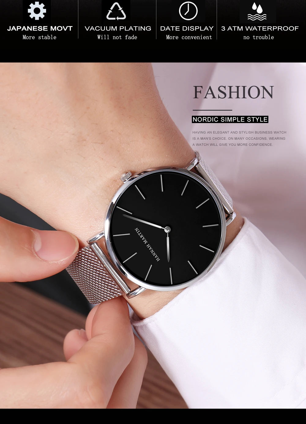 Hannah Martin Ultra Dünne Quarz Männer Uhr Edelstahl Mesh Uhren Männer Einfache Mode Business Japan Armbanduhr Uhr Männlich