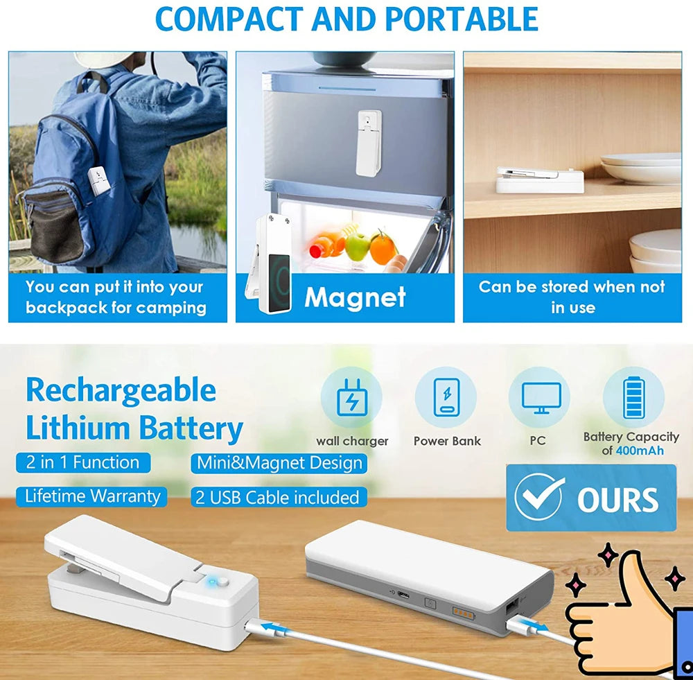 Mini-Beutelversiegelungsgerät, 2-in-1, wiederaufladbar, tragbar, Vakuum-Heißsiegelgerät und -schneider für Kunststoff-Snacks, PVC-Beutel, Picknick-Kampagne im Freien