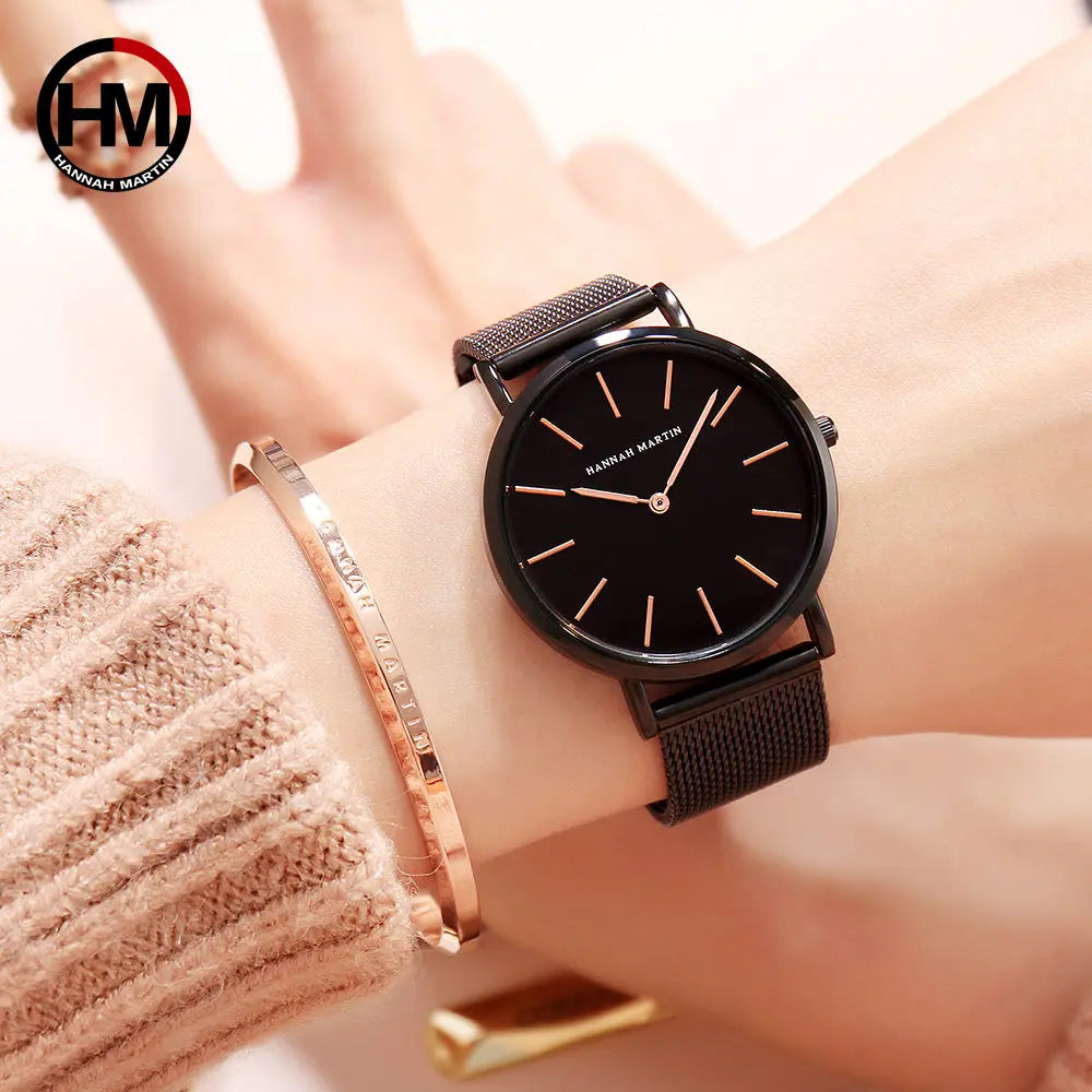 Hannah Martin Top Marke Luxus Uhren Frauen Edelstahl Mesh Gürtel Uhr Japan Quarzwerk Uhr Damen Armbanduhr