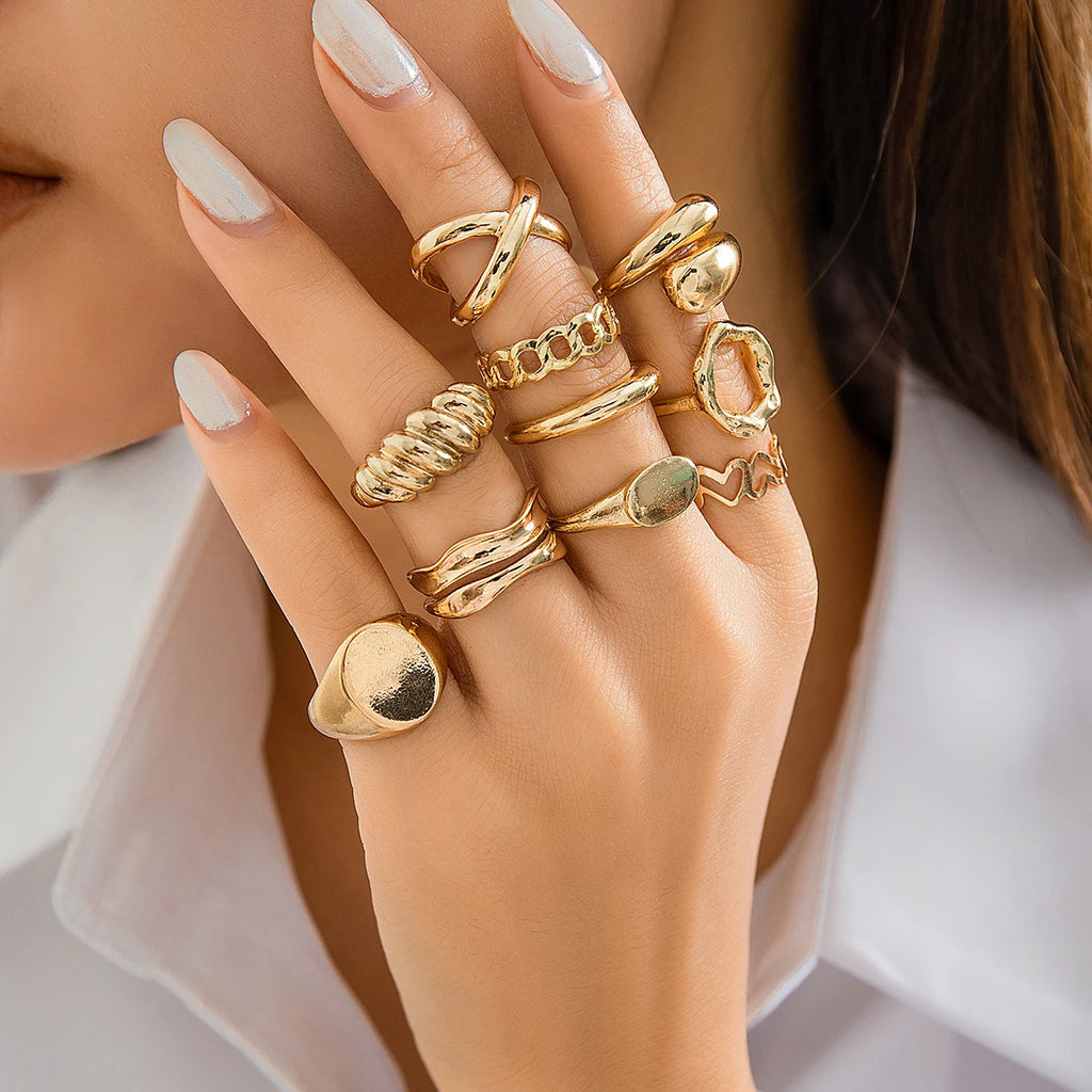 Salircon 10 Stück Bohemian Unregelmäßiger geometrischer Metallring Vintage Offener verstellbarer breiter Ring Damen Ästhetischer Bankettschmuck Geschenk