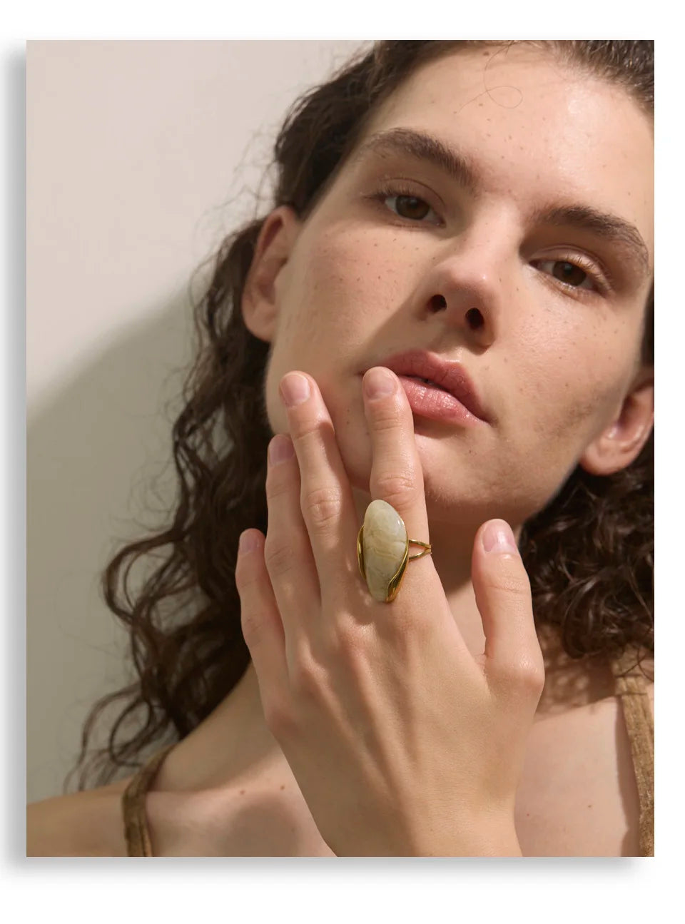 Yhpup Neues Design Braun Grün Beige Harz Geometrisch Verstellbarer Ring Golden PVD Edelstahl Rostfrei Fingerschmuck Geschenk