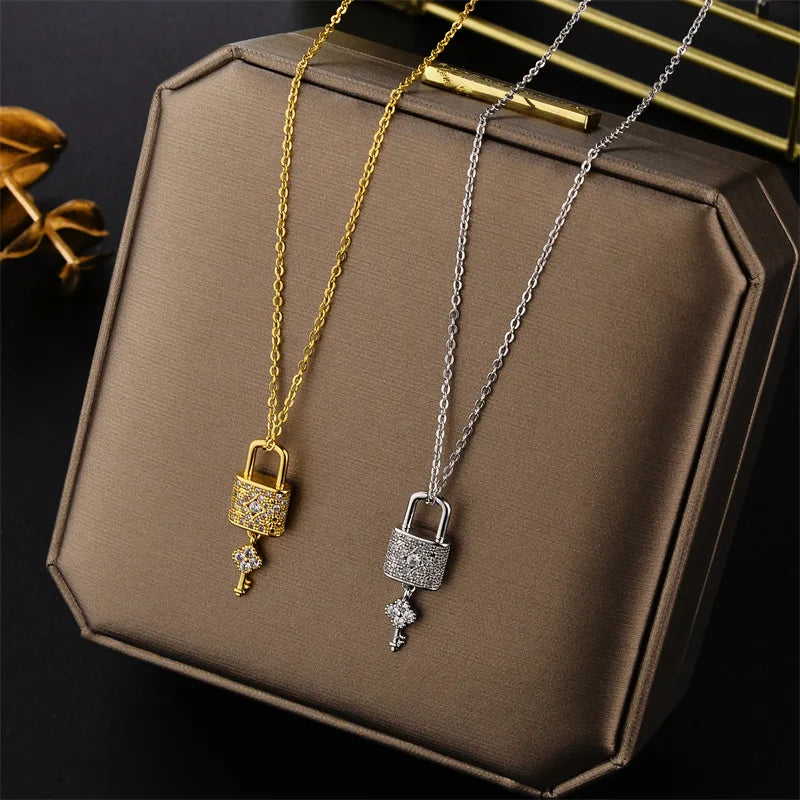 Luxus Zirkon Kristall Lock Schlüssel Anhänger Edelstahl Halsketten Für Frauen Sexy Party Hals Kette Schmuck