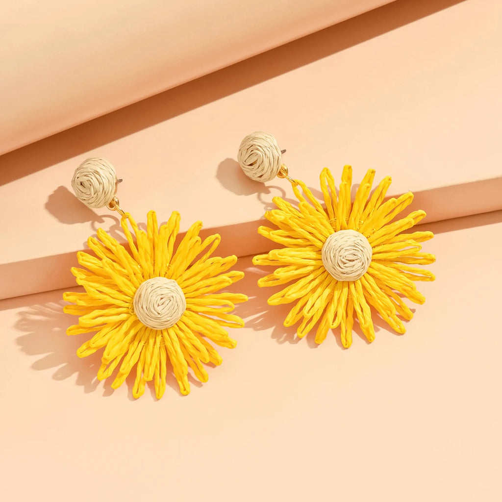 Bunte Sonnenblumen-Ohrringe für Frauen und Mädchen, handgefertigt, böhmische Rattan-Strickohrringe, Sommer-Party-Schmuck, Geschenke