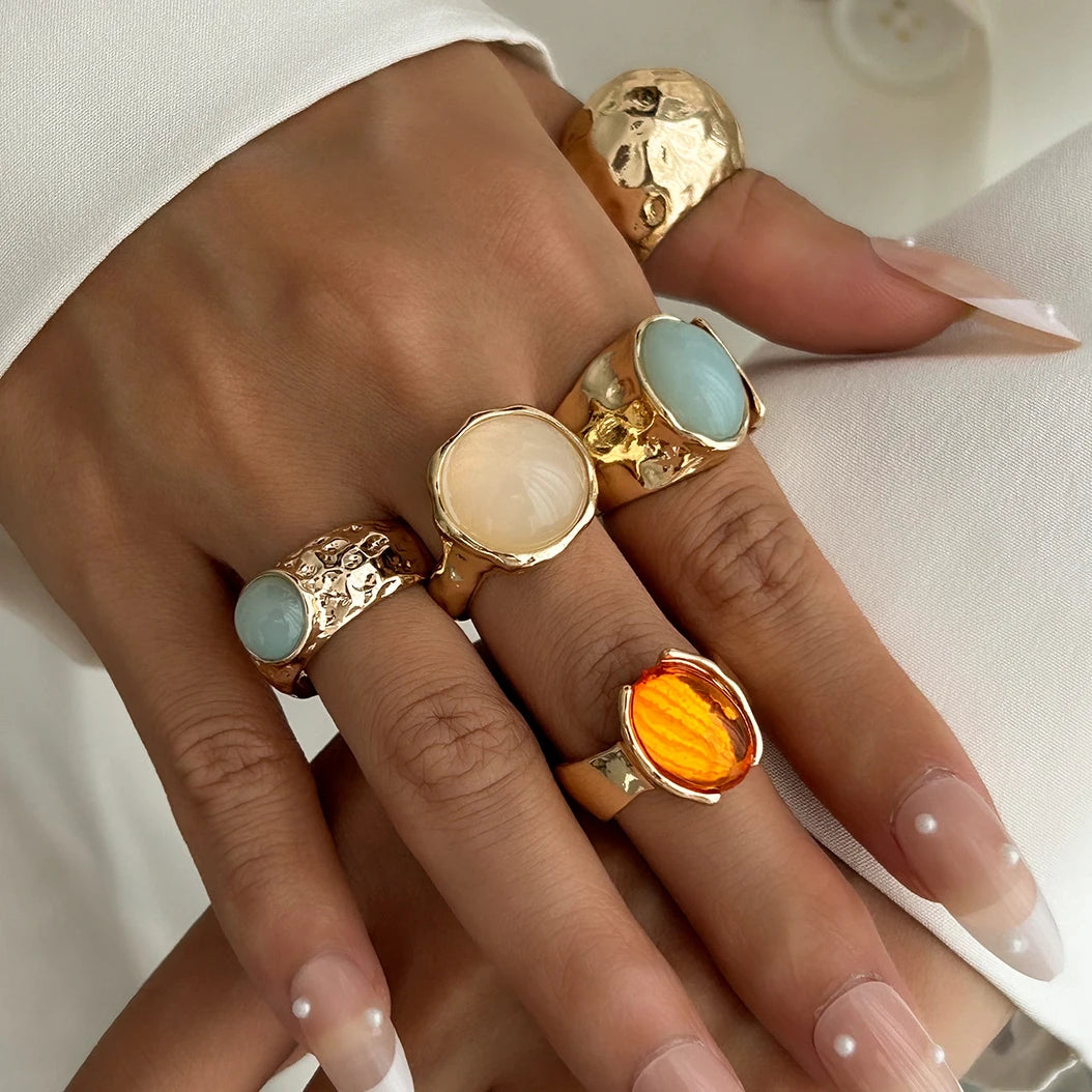 Ingemark 5 Teile/satz Retro Gold Farbe Unregelmäßigen Metall Ring für Frauen Böhmischen Offenen Einstellbar Breiten Ring Ästhetischen Y2K Schmuck Geschenk