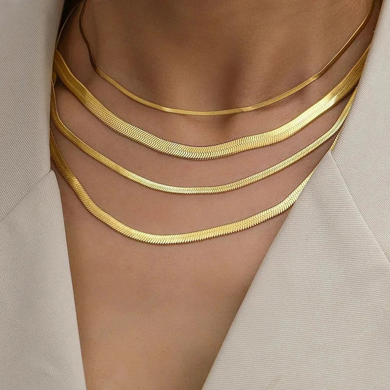 Heiße klassische Unisex flache Schlangenkette Halsband Halskette für Frauen Edelstahl Fischgrätenmuster Gold Silber Farbe Modeschmuck Geschenk