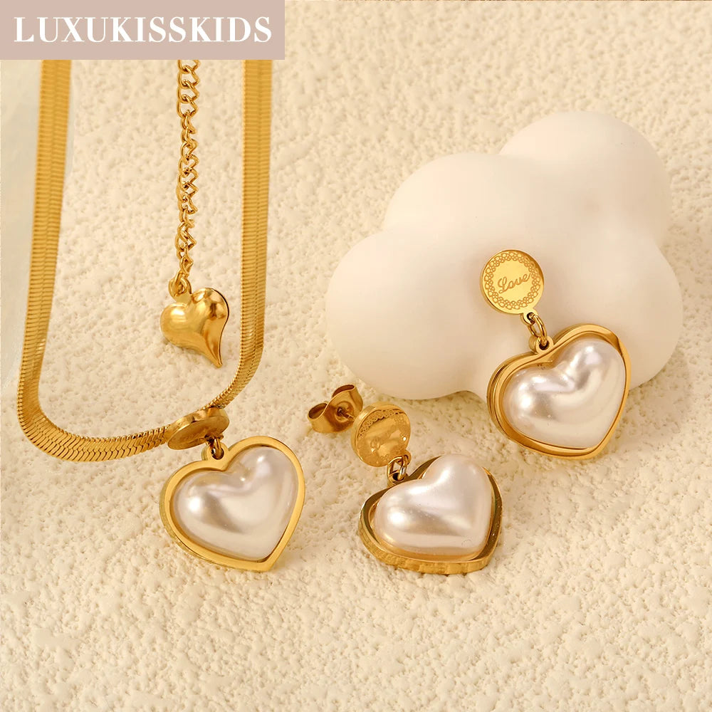 LUXUKISSKIDS Mode Kubische Liebe Herz Minimalistischen Schmuck Set Halskette Ohrringe Armbänder Edelstahl Frauen/Mädchen Zubehör