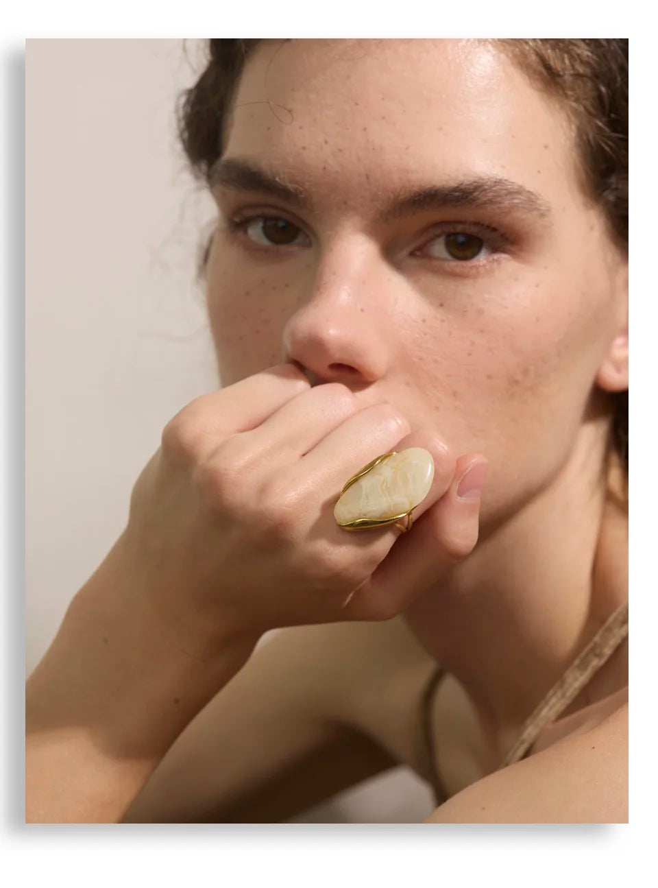 Yhpup Neues Design Braun Grün Beige Harz Geometrisch Verstellbarer Ring Golden PVD Edelstahl Rostfrei Fingerschmuck Geschenk