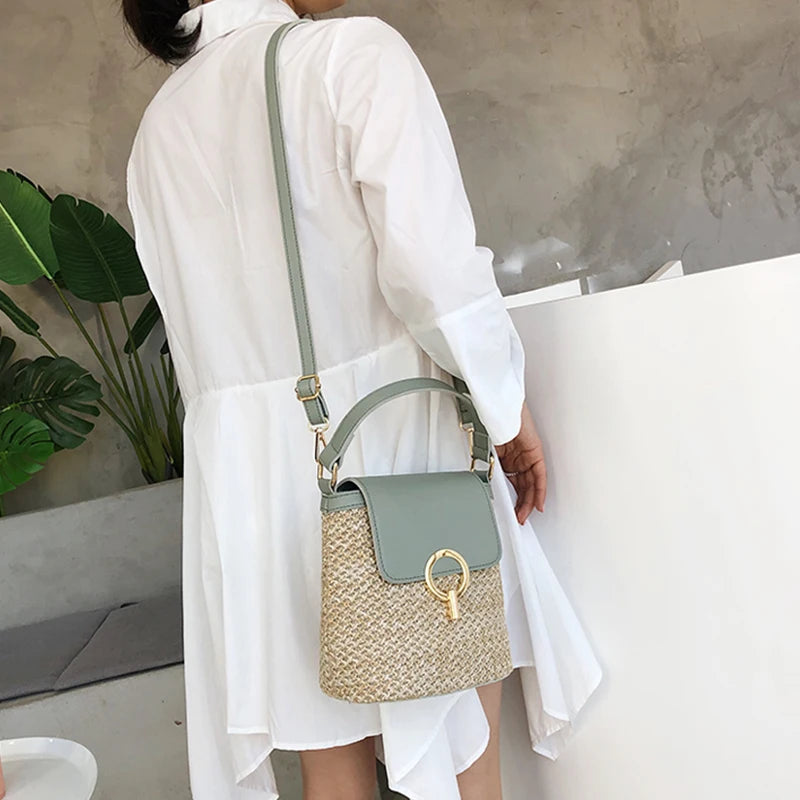 Strand Dame Reise Geldbörsen und Handtaschen Casual Ketten Stroh Eimer Taschen Frauen Sommer Umhängetasche Rattan Taschen Schulter Tasche Bolsa