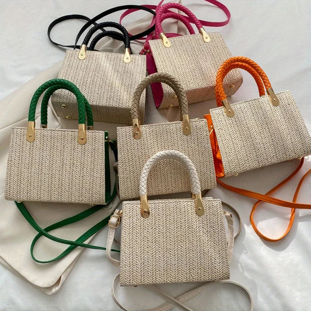 Modische, minimalistische, gewebte Handtasche, einfarbige Umhängetasche aus Strohgeflecht, vielseitige, lässige kleine quadratische Tasche