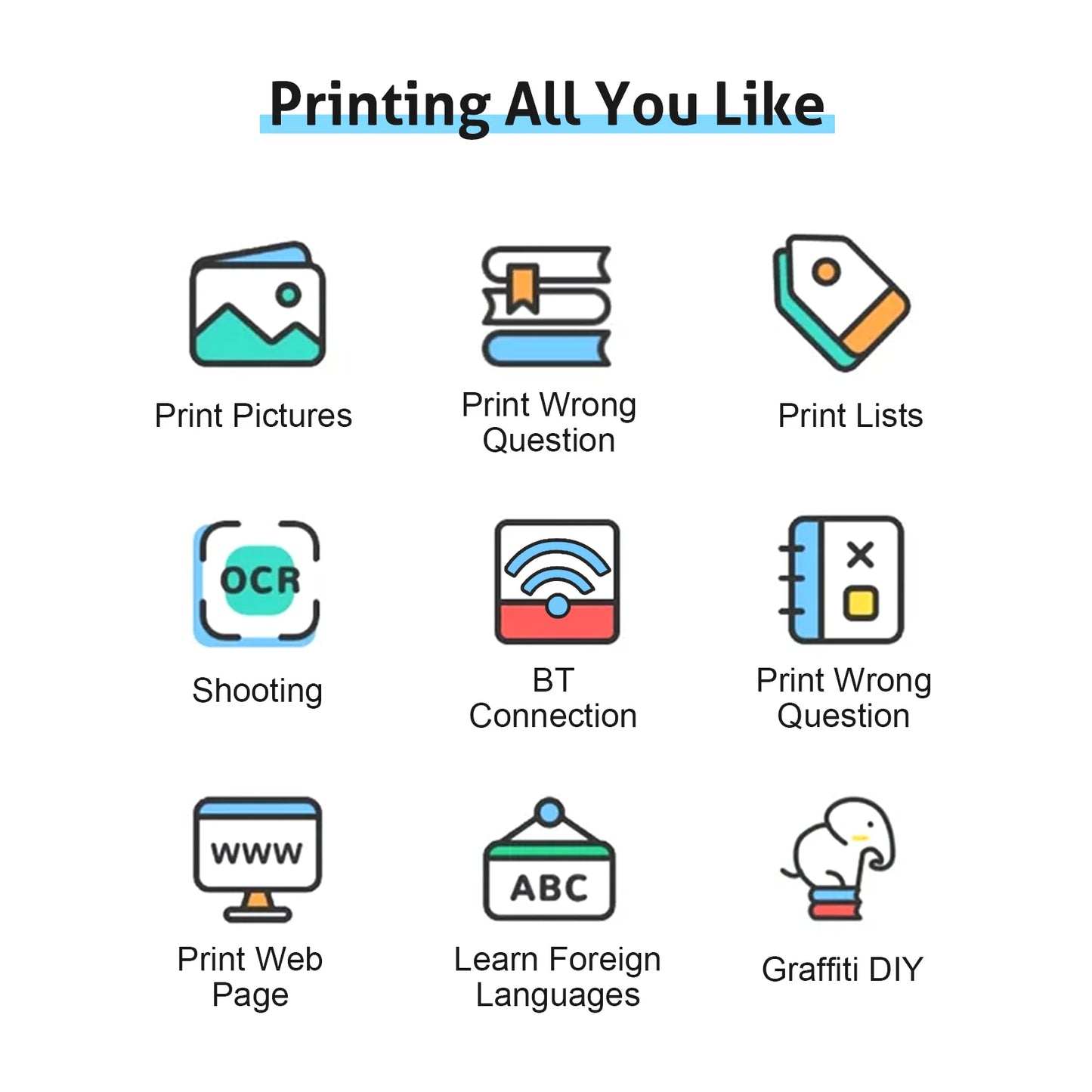 Tragbarer Mini-Thermodrucker, kabellos, BT 203 dpi, Fotoetikett, Memo, falsche Frage, Drucken mit USB-Kabel, tragbar