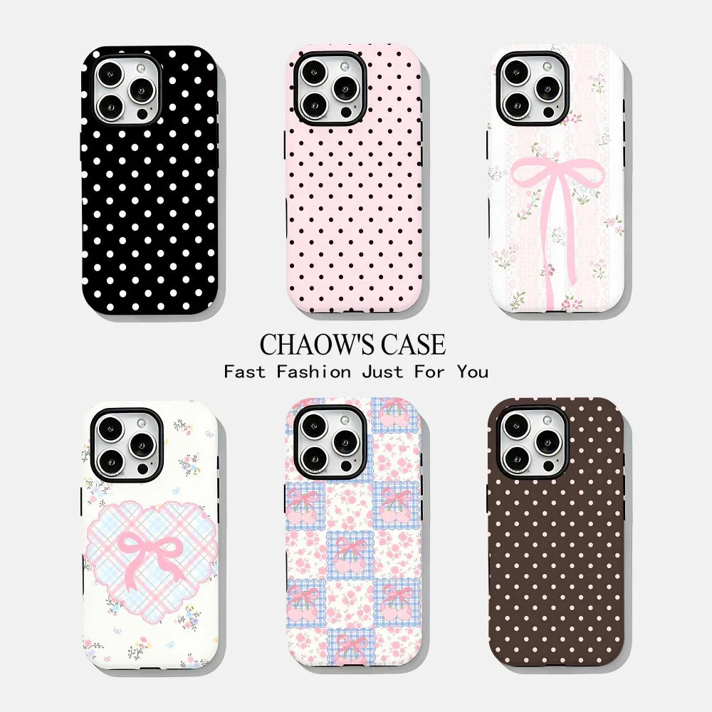 Modische, exquisite Handyhülle mit Schleife und Polka Dots für iPhone 17 16 15 14 13 12 11 Pro Max Air Plus – Luxuriöse doppellagige Rückabdeckung