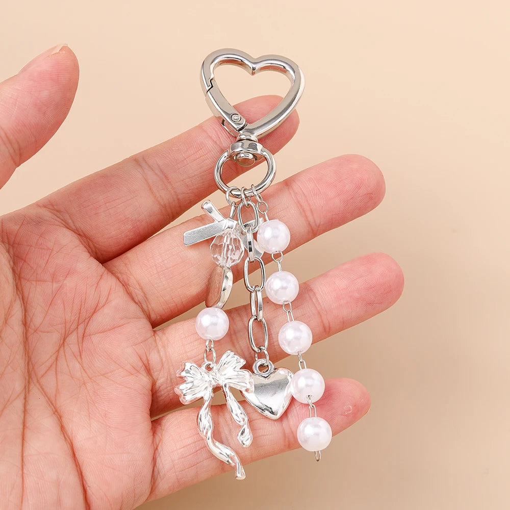 Süße Schleife Liebe Herz Schlüsselanhänger Kristall Perle Schlüsselanhänger Anhänger für Frauen Mädchen Handtasche Dekor DIY handgemachte Schlüsselanhänger Geschenke