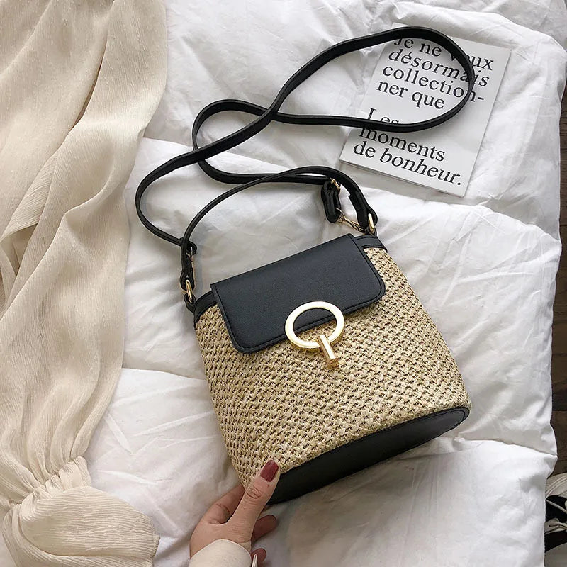 Strand Dame Reise Geldbörsen und Handtaschen Casual Ketten Stroh Eimer Taschen Frauen Sommer Umhängetasche Rattan Taschen Schulter Tasche Bolsa