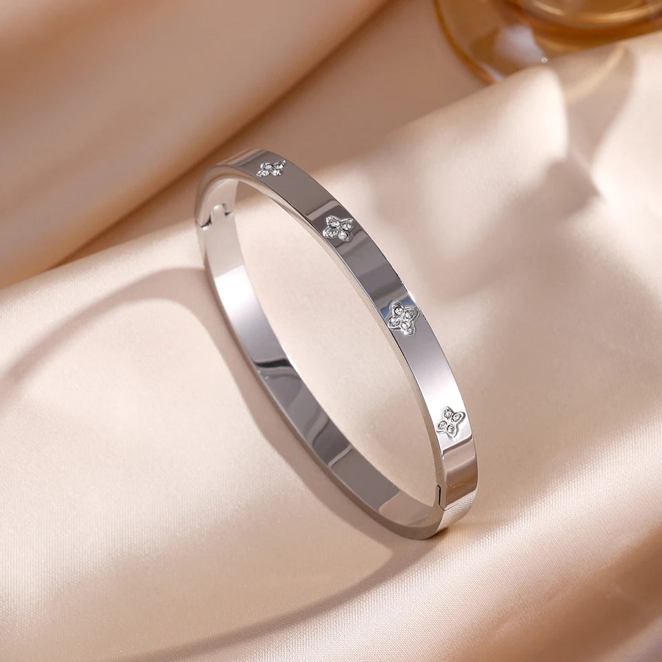 ZAKOL 5/1 Stück funkelndes Edelstahl-Armband-Set mit Zirkonia-Intarsien für Damen, stapelbare Armreifen, modisch, lichtecht, Schmuck, Geschenk