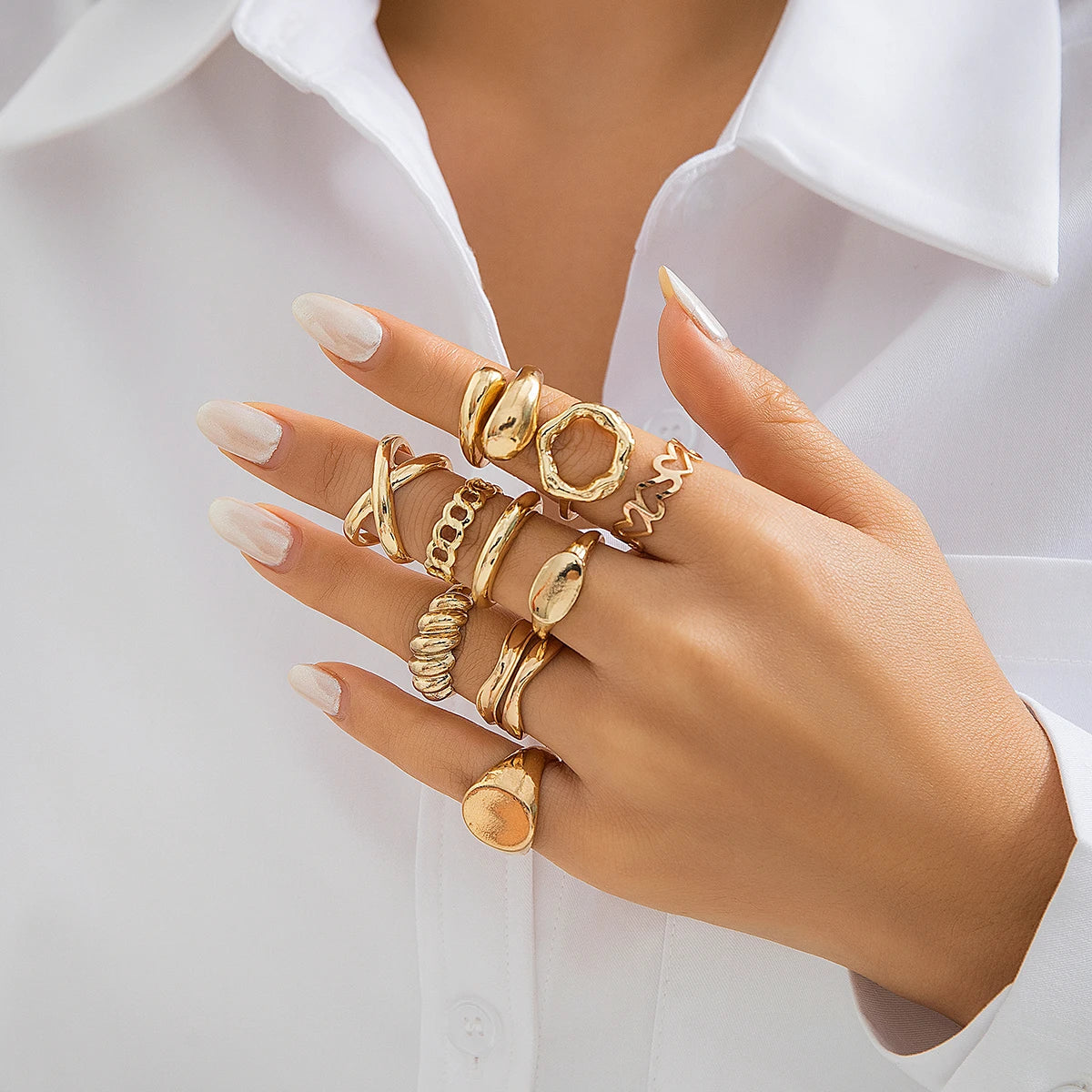 Salircon 10 Stück Bohemian Unregelmäßiger geometrischer Metallring Vintage Offener verstellbarer breiter Ring Damen Ästhetischer Bankettschmuck Geschenk