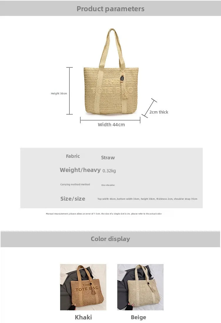 Französischer Stil, große Kapazität, gewebte Strohtasche für Damen, neue Strandurlaub-Umhängetasche, lässige Pendler-Einkaufstasche, Geldbörse