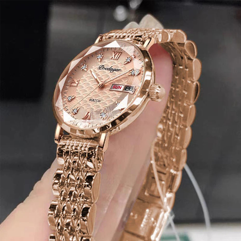 POEDAGAR Frauen Uhr Neue Mode Luxus Edelstahl Armbanduhr Armband Einfache Rose Gold Wasserdicht Leucht Damen Uhren