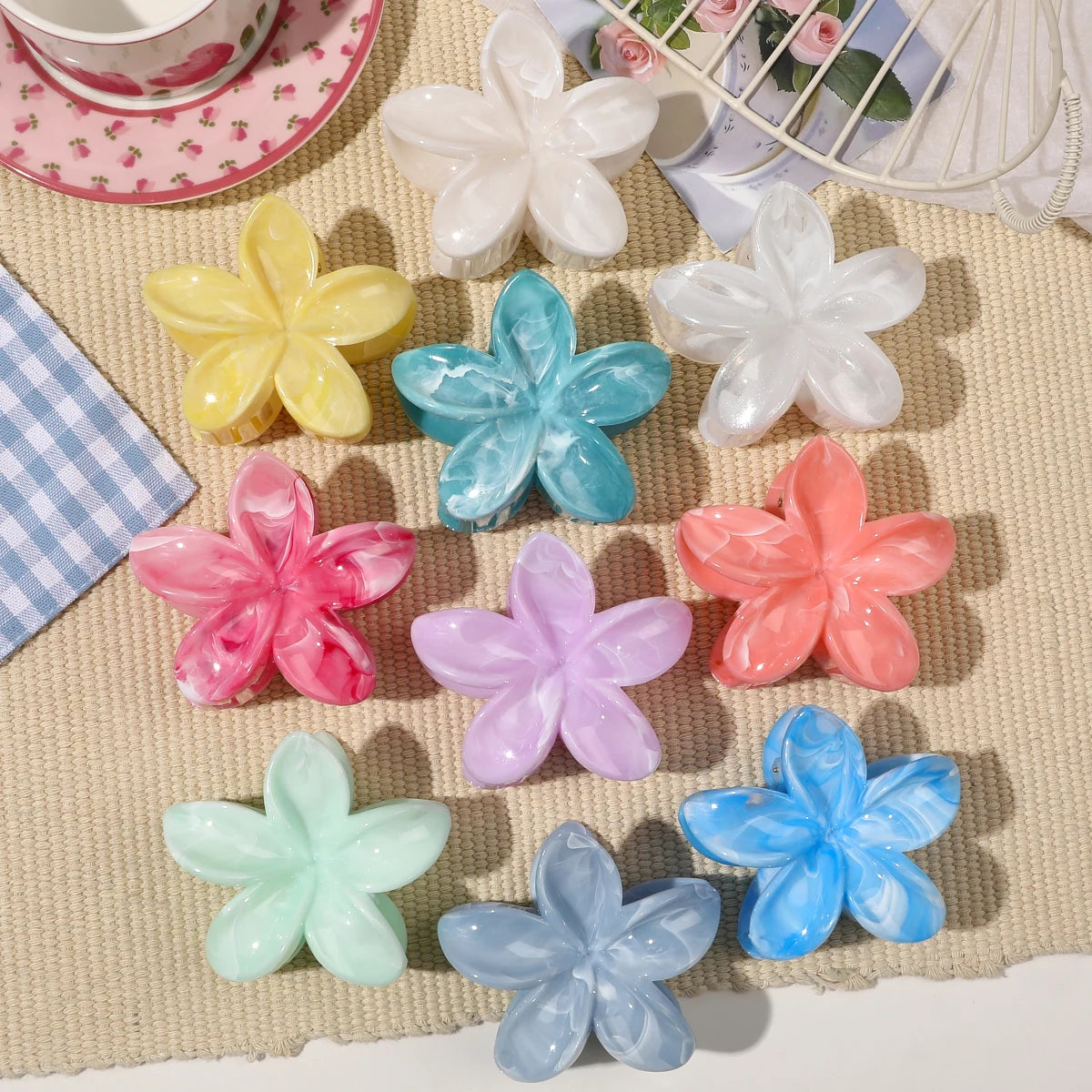 Hawaiianische Blumenkrallenklammern für Frauen, Blumen-Haarklammern mit Marmorader für dünnes Haar, süßer Strand-Haarschmuck