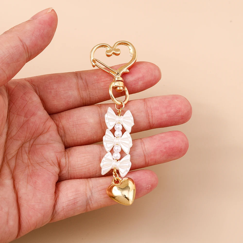 Süße Schleife Liebe Herz Schlüsselanhänger Kristall Perle Schlüsselanhänger Anhänger für Frauen Mädchen Handtasche Dekor DIY handgemachte Schlüsselanhänger Geschenke